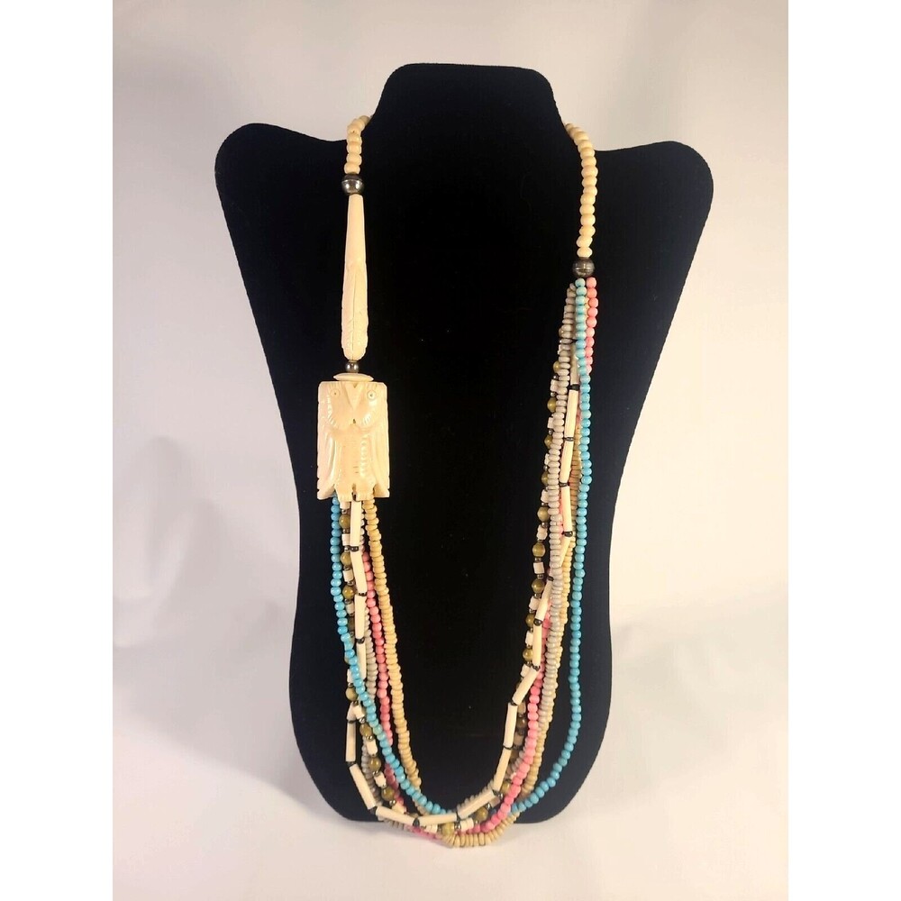 Carved Owl Long Beaded statement Necklace 16" Multi Strand Boho Maximalist